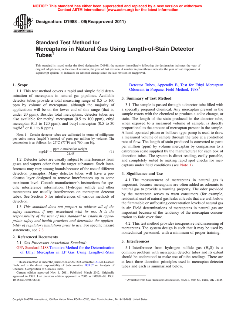 ASTM D1988-06(2011) - Standard Test Method for Mercaptans in Natural Gas Using Length-of-Stain Detector Tubes