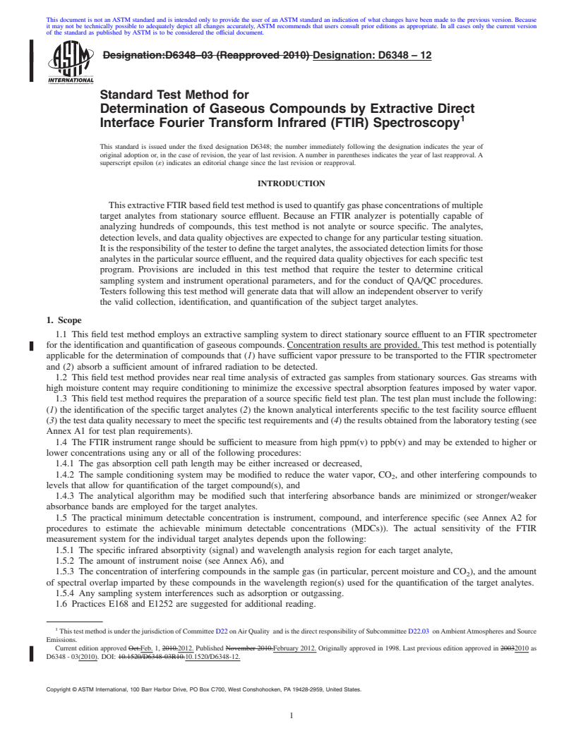 REDLINE ASTM D6348-12 - Standard Test Method for Determination of Gaseous Compounds by Extractive Direct Interface Fourier Transform Infrared (FTIR) Spectroscopy