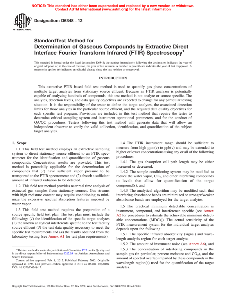 ASTM D6348-12 - Standard Test Method for Determination of Gaseous Compounds by Extractive Direct Interface Fourier Transform Infrared (FTIR) Spectroscopy