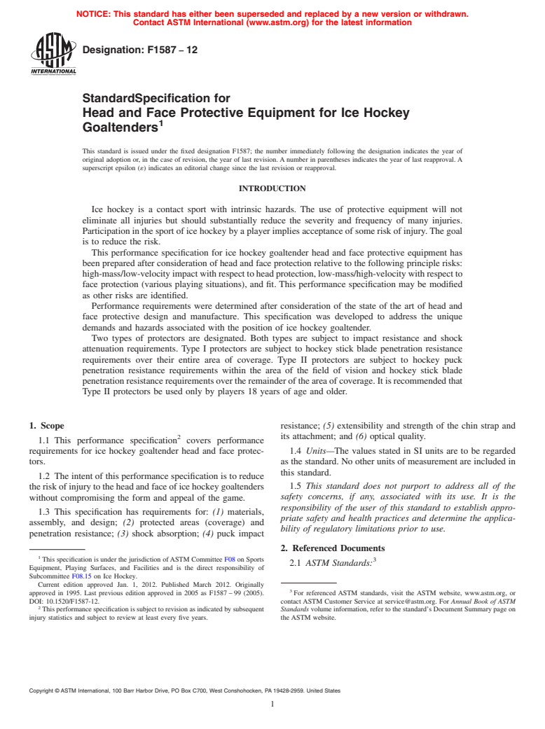 ASTM F1587-12 - Standard Specification for Head and Face Protective Equipment for Ice Hockey Goaltenders