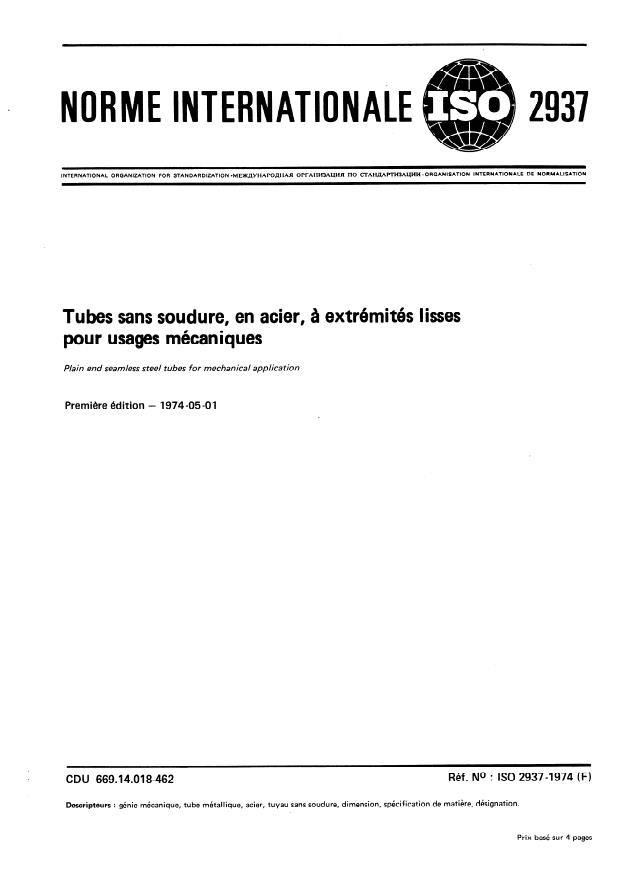 ISO 2937:1974 - Tubes sans soudure, en acier, a extrémités lisses pour usages mécaniques