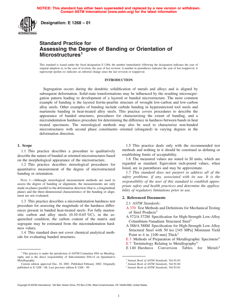 ASTM E1268-01 - Standard Practice for Assessing the Degree of Banding or Orientation of Microstructures