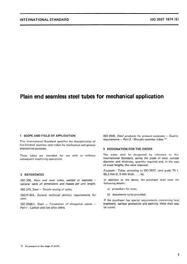 ISO 2937:1974 - Plain end seamless steel tubes for mechanical application