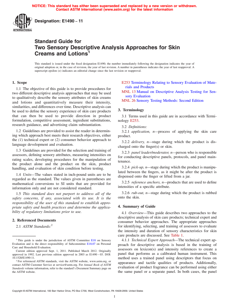 ASTM E1490-11 - Standard Guide for Two Sensory Descriptive Analysis Approaches for Skin Creams and Lotions