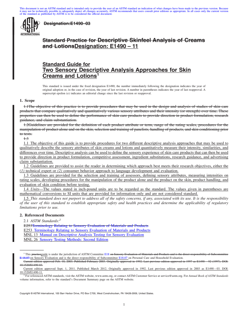 REDLINE ASTM E1490-11 - Standard Guide for Two Sensory Descriptive Analysis Approaches for Skin Creams and Lotions