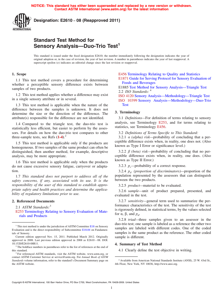 ASTM E2610-08(2011) - Standard Test Method for Sensory Analysis&mdash;Duo-Trio Test