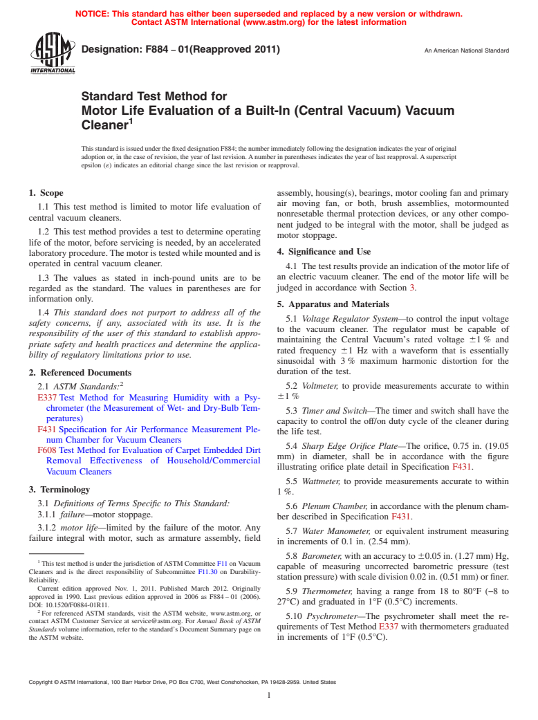 ASTM F884-01(2011) - Standard Test Method for Motor Life Evaluation of a Built-In (Central Vacuum) Vacuum Cleaner