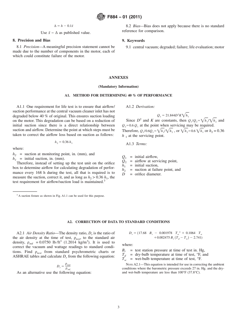 ASTM F884-01(2011) - Standard Test Method for Motor Life Evaluation of a Built-In (Central Vacuum) Vacuum Cleaner