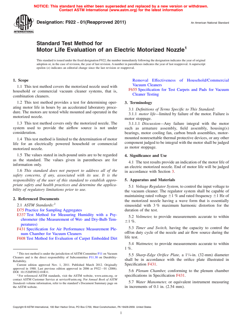 ASTM F922-01(2011) - Standard Test Method for  Motor Life Evaluation of an Electric Motorized Nozzle