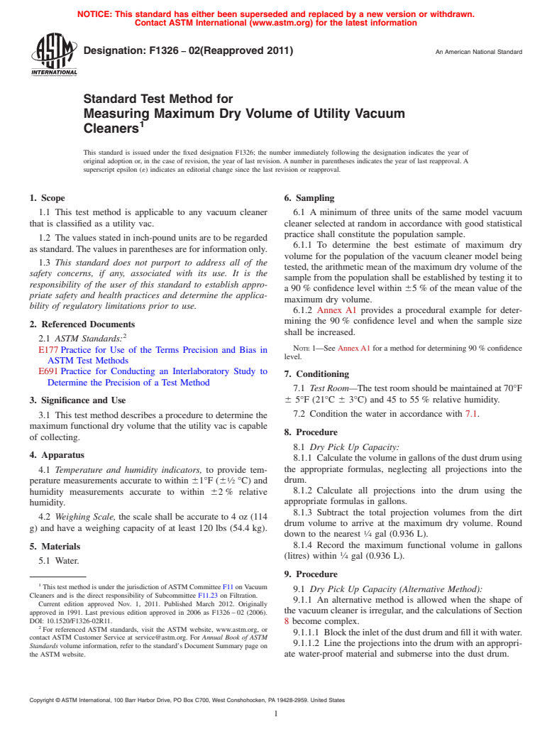 ASTM F1326-02(2011) - Standard Test Method for Measuring Maximum Dry Volume of Utility Vacuum Cleaners