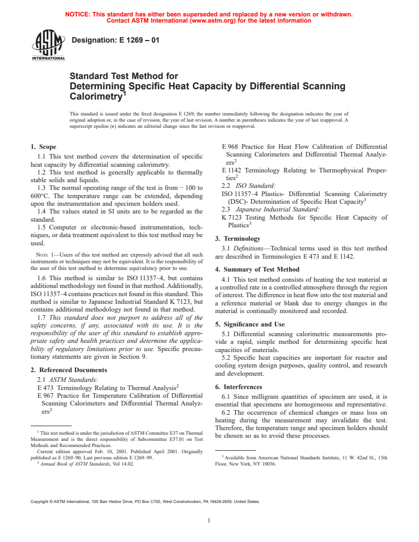 ASTM E1269-01 - Standard Test Method for Determining Specific Heat Capacity by Differential Scanning Calorimetry