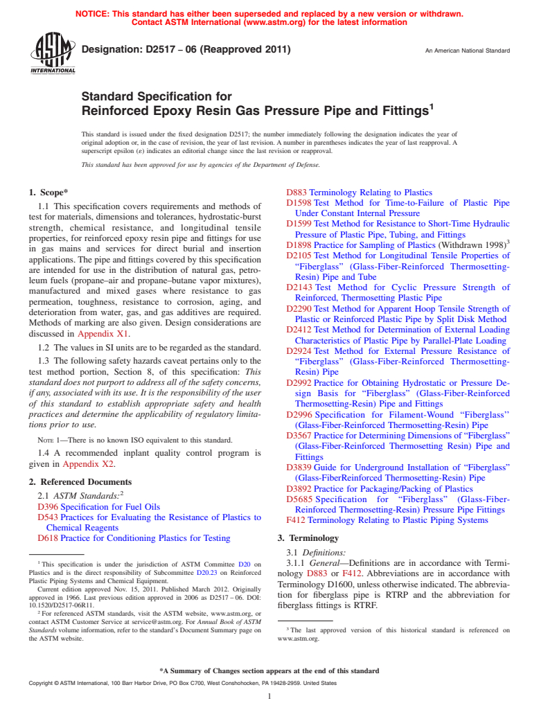 ASTM D2517-06(2011) - Standard Specification for  Reinforced Epoxy Resin Gas Pressure Pipe and Fittings