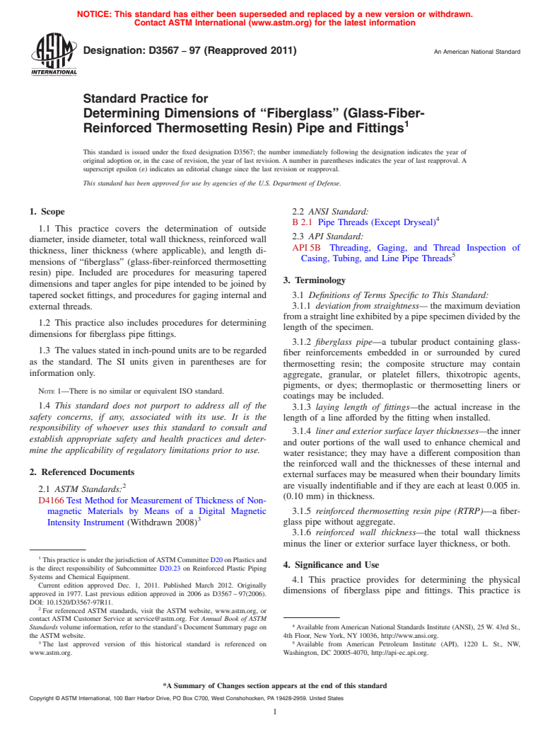 ASTM D3567-97(2011) - Standard Practice for  Determining Dimensions of &ldquo;Fiberglass&rdquo; (Glass-Fiber-Reinforced Thermosetting Resin) Pipe and Fittings