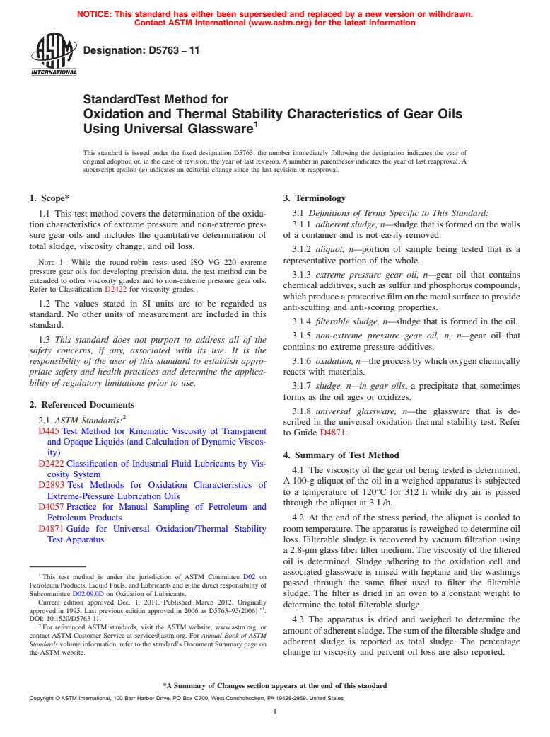 ASTM D5763-11 - Standard Test Method for Oxidation and Thermal Stability Characteristics of Gear Oils Using Universal Glassware