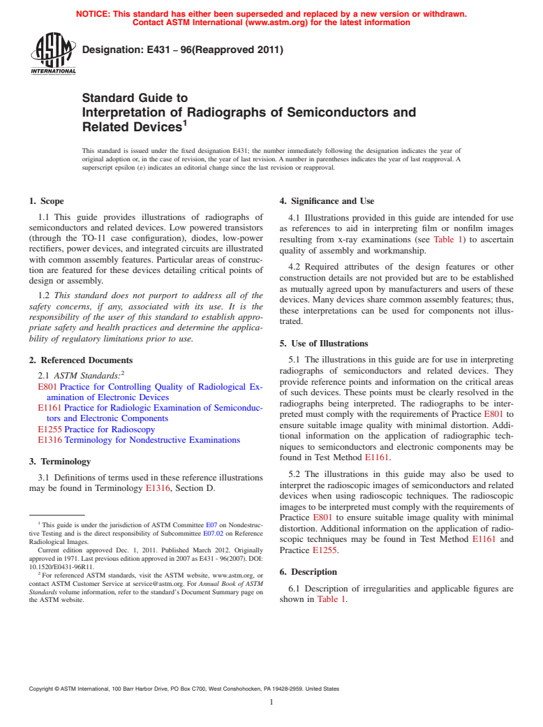 ASTM E431-96(2011) - Standard Guide to  Interpretation of Radiographs of Semiconductors and Related Devices