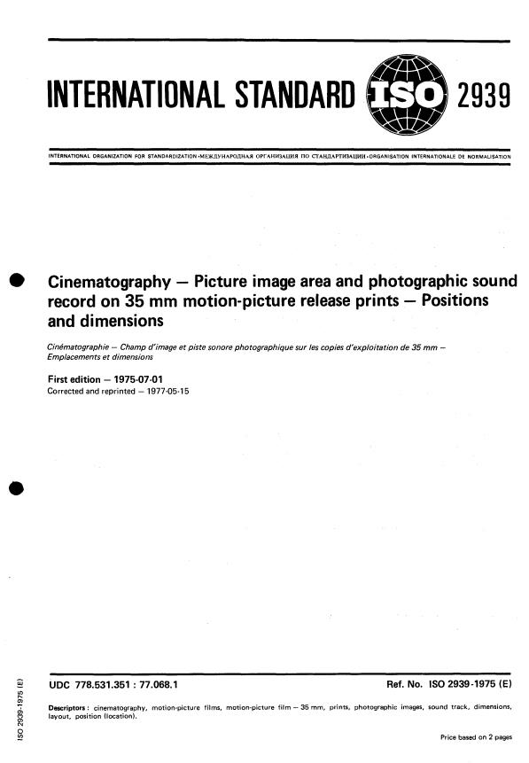 ISO 2939:1975 - Cinematography -- Picture image area and photographic sound record on 35 mm motion-picture release prints -- Positions and dimensions