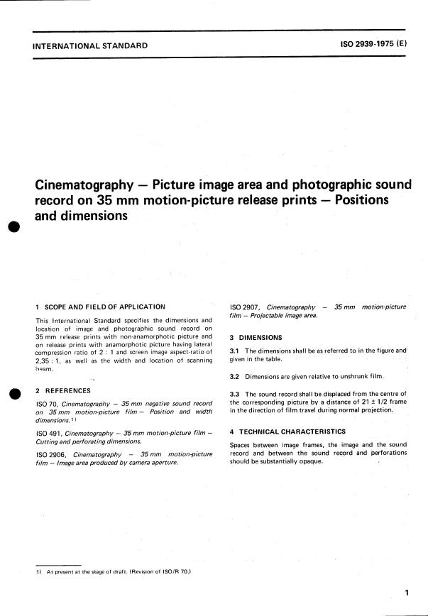ISO 2939:1975 - Cinematography -- Picture image area and photographic sound record on 35 mm motion-picture release prints -- Positions and dimensions
