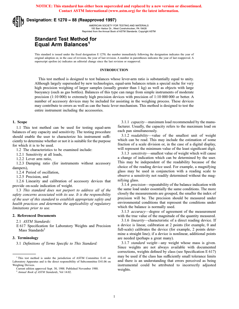 ASTM E1270-88(1997) - Standard Test Method for Equal Arm Balances