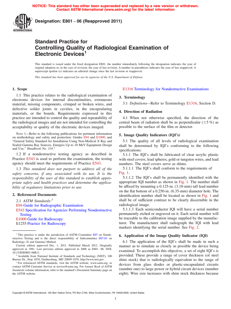 ASTM E801-06(2011) - Standard Practice for  Controlling Quality of Radiological Examination of Electronic Devices