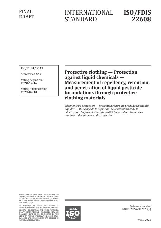 ISO/FDIS 22608:Version 12-dec-2020 - Protective clothing -- Protection against liquid chemicals -- Measurement of repellency, retention, and penetration of liquid pesticide formulations through protective clothing materials