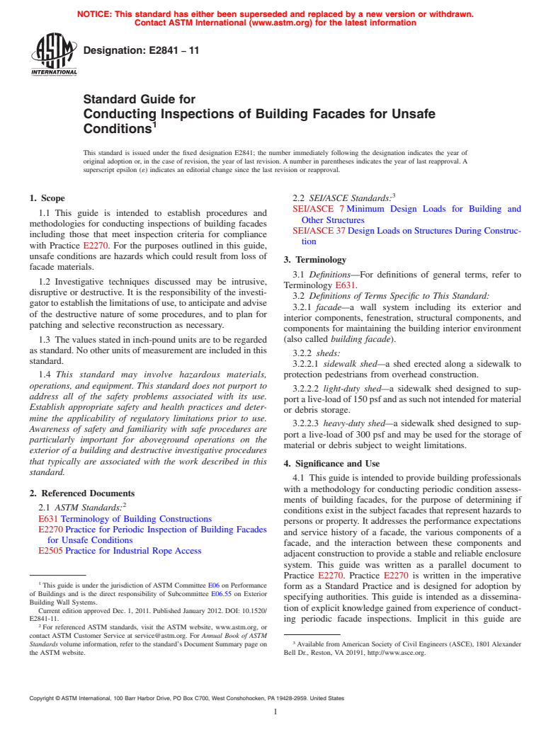 ASTM E2841-11 - Standard Guide for Conducting Inspections of Building Facades for Unsafe Conditions