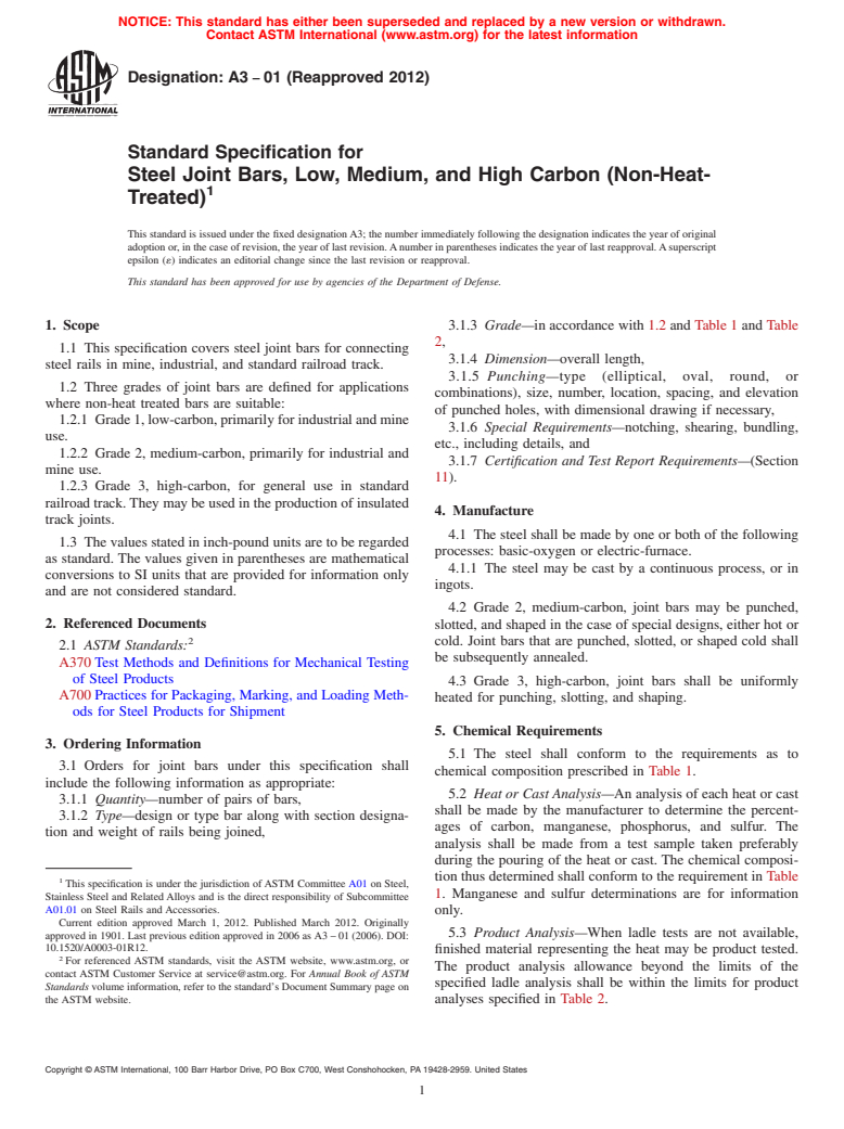 ASTM A3-01(2012) - Standard Specification for Steel Joint Bars, Low, Medium, and High Carbon (Non-Heat-Treated)