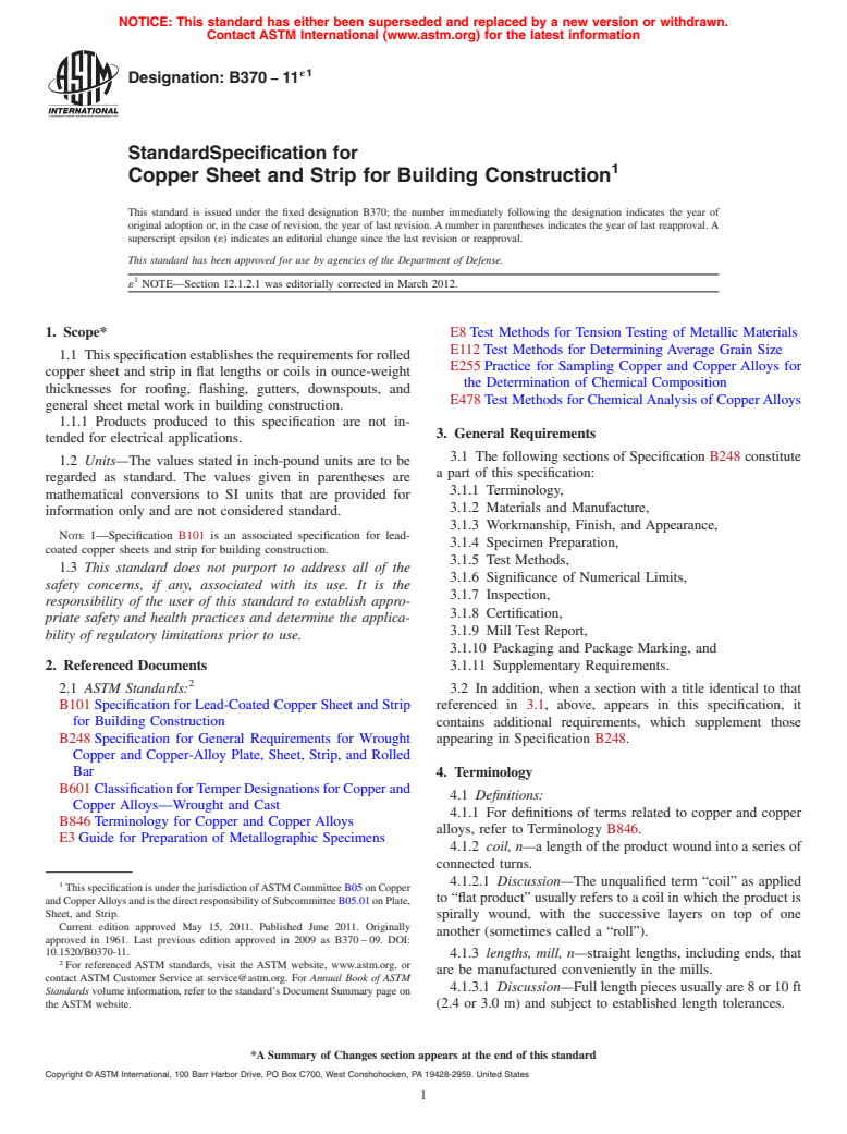 ASTM B370-11e1 - Standard Specification for Copper Sheet and Strip for Building Construction