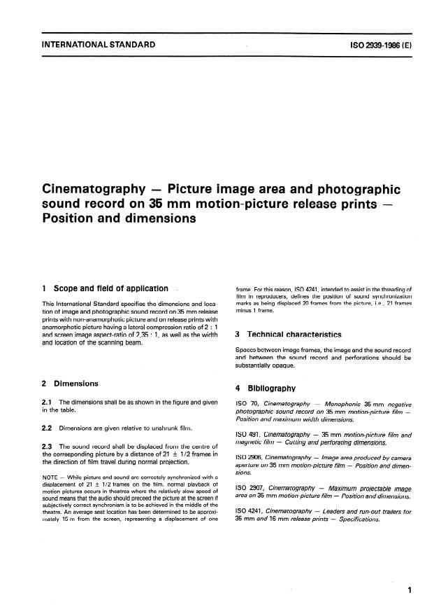 ISO 2939:1986 - Cinematography -- Picture image area and photographic sound record on 35 mm motion-picture release prints -- Position and dimensions