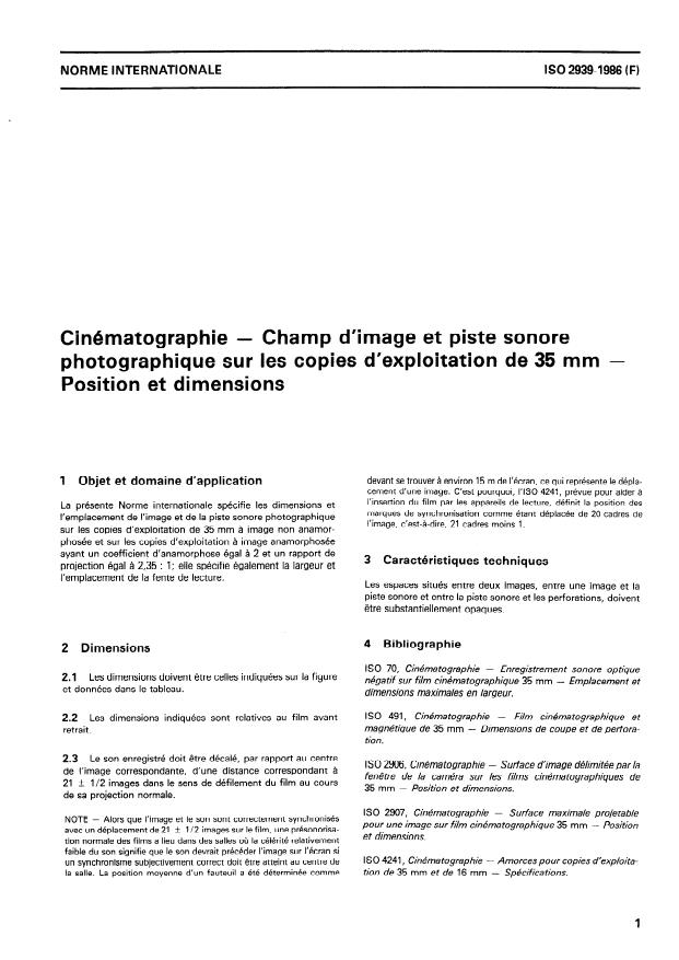 ISO 2939:1986 - Cinématographie -- Champ d'image et piste sonore photographique sur les copies d'exploitation de 35 mm -- Position et dimensions