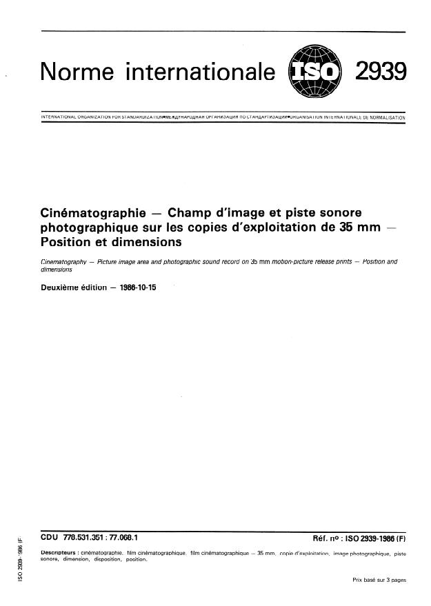 ISO 2939:1986 - Cinématographie -- Champ d'image et piste sonore photographique sur les copies d'exploitation de 35 mm -- Position et dimensions