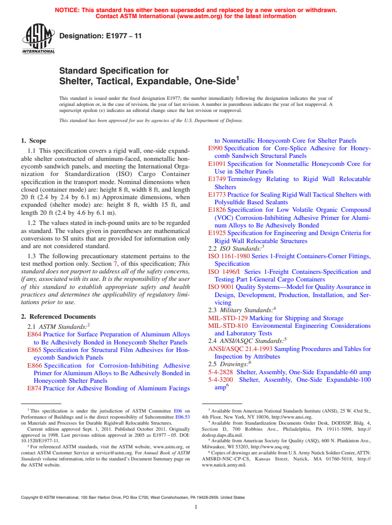 ASTM E1977-11 - Standard Specification for Shelter, Tactical, Expandable, One-Side