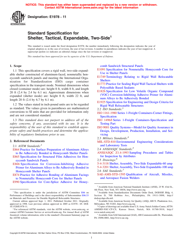 ASTM E1978-11 - Standard Specification for Shelter, Tactical, Expandable, Two-Side