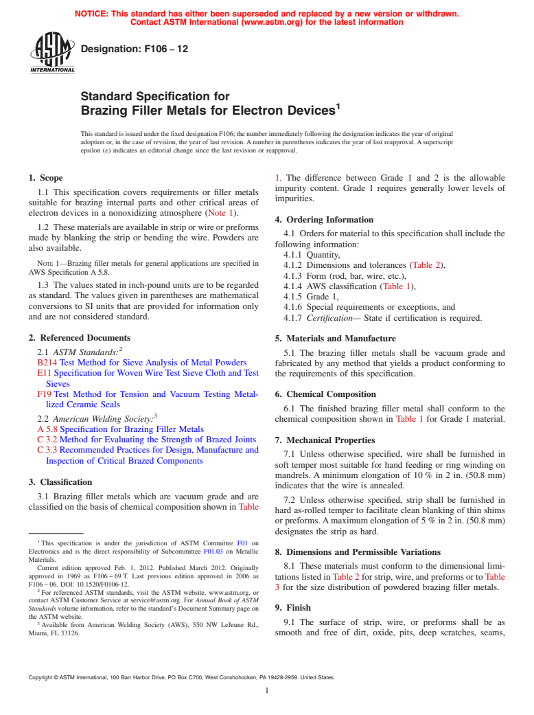 ASTM F106-12 - Standard Specification for  Brazing Filler Metals for Electron Devices