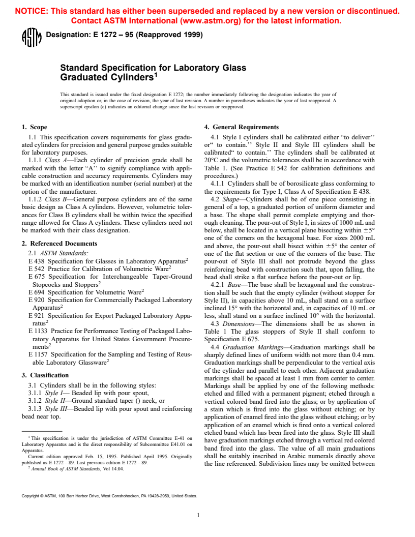 ASTM E1272-95(1999) - Standard Specification for Laboratory Glass Graduated Cylinders