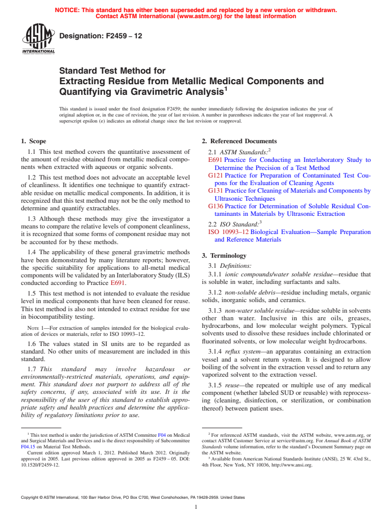 ASTM F2459-12 - Standard Test Method for Extracting Residue from Metallic Medical Components and Quantifying via Gravimetric Analysis