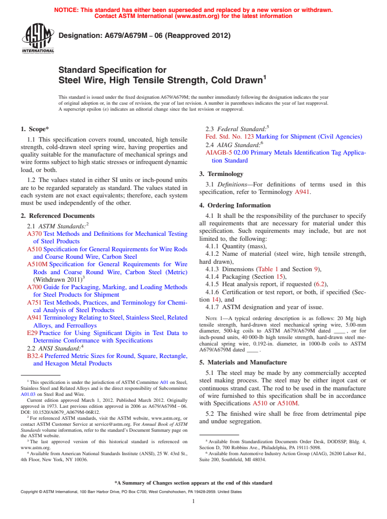 ASTM A679/A679M-06(2012) - Standard Specification for  Steel Wire, High Tensile Strength, Cold Drawn