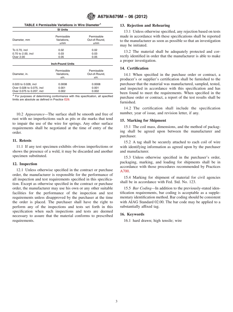 ASTM A679/A679M-06(2012) - Standard Specification for  Steel Wire, High Tensile Strength, Cold Drawn