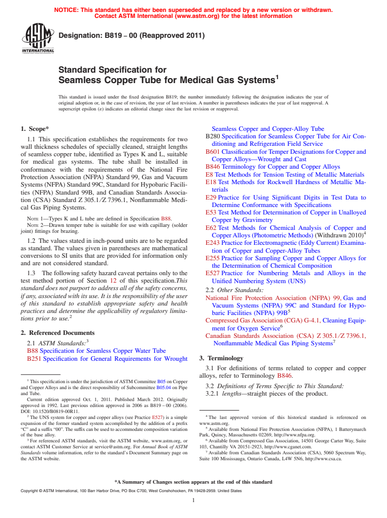 ASTM B819-00(2011) - Standard Specification for Seamless Copper Tube for Medical Gas Systems