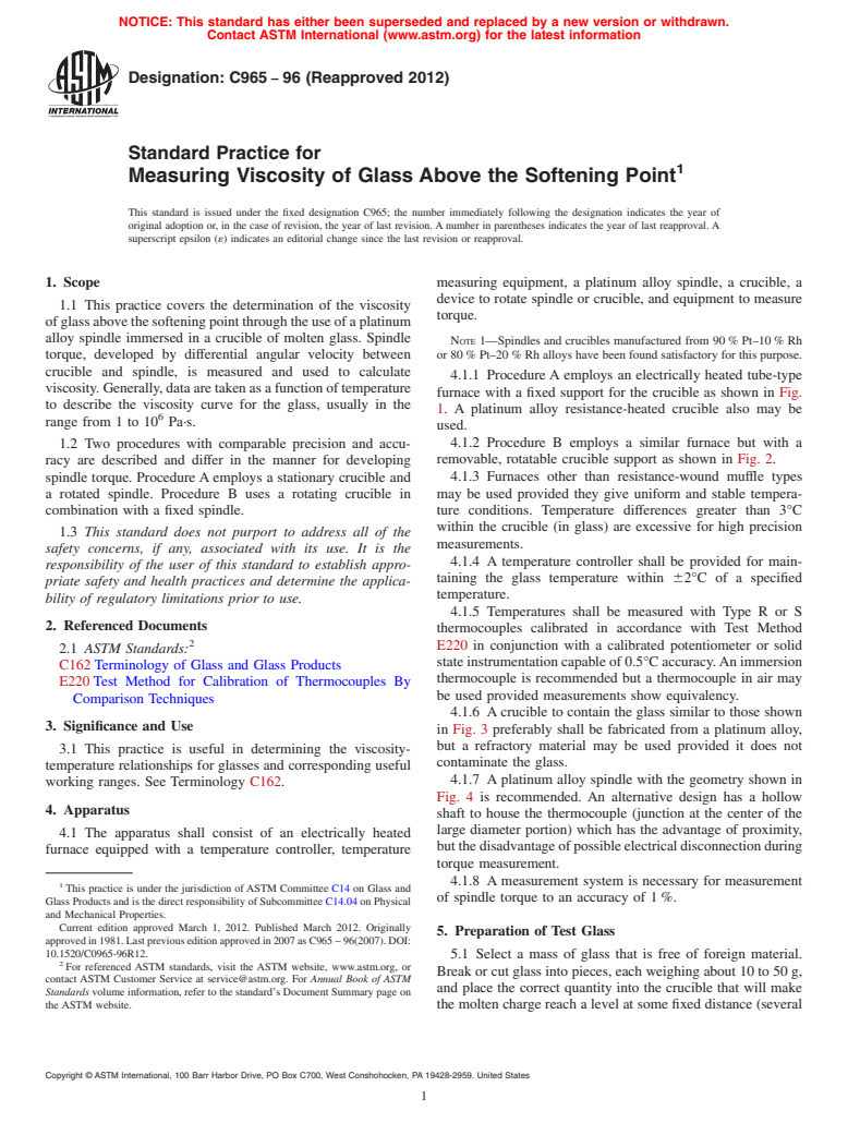 ASTM C965-96(2012) - Standard Practice for  Measuring Viscosity of Glass Above the Softening Point