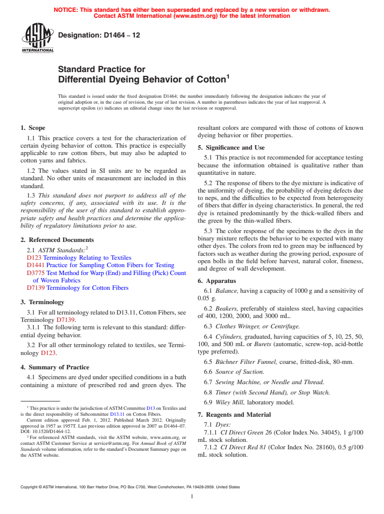 ASTM D1464-12 - Standard Practice for  Differential Dyeing Behavior of Cotton