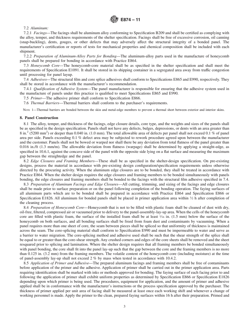 REDLINE ASTM E874-11 - Standard Practice for  Adhesive Bonding of Aluminum Facings to Nonmetallic Honeycomb Core for Shelter Panels