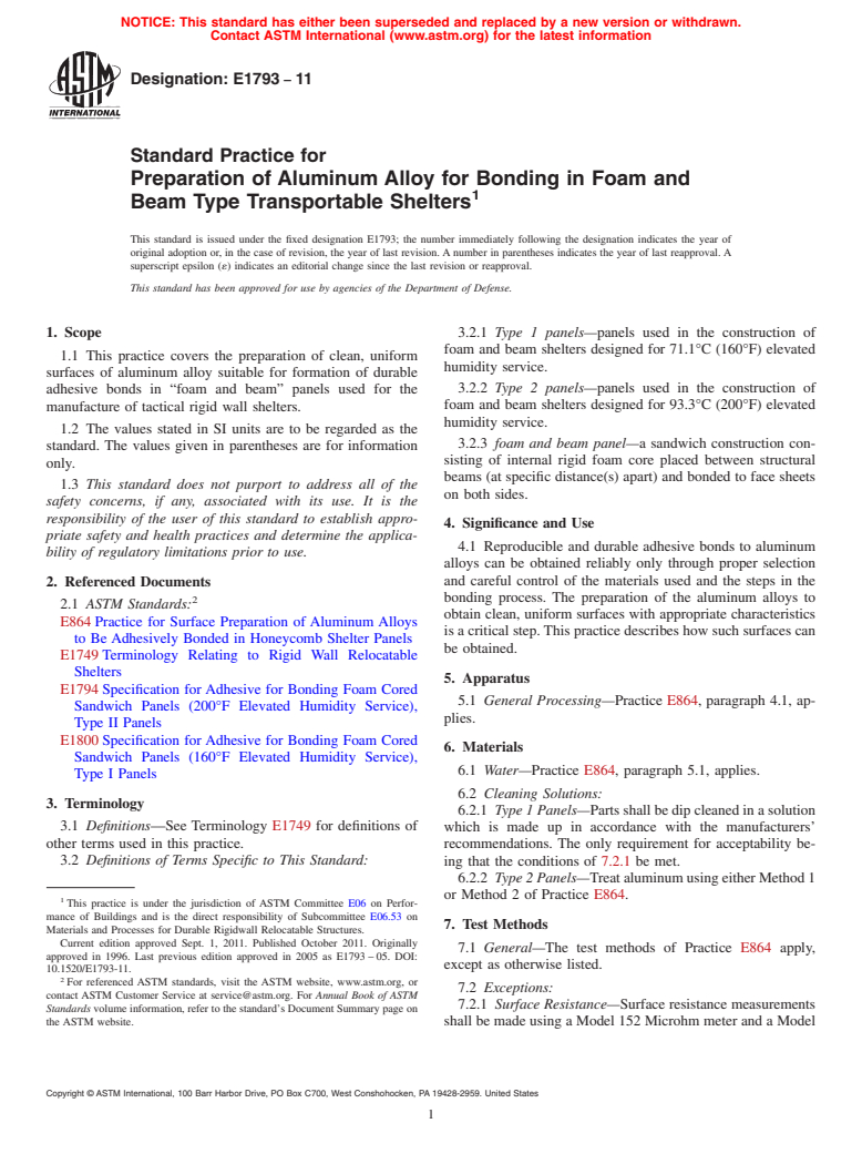 ASTM E1793-11 - Standard Practice for  Preparation of Aluminum Alloy for Bonding in Foam and Beam Type Transportable Shelters