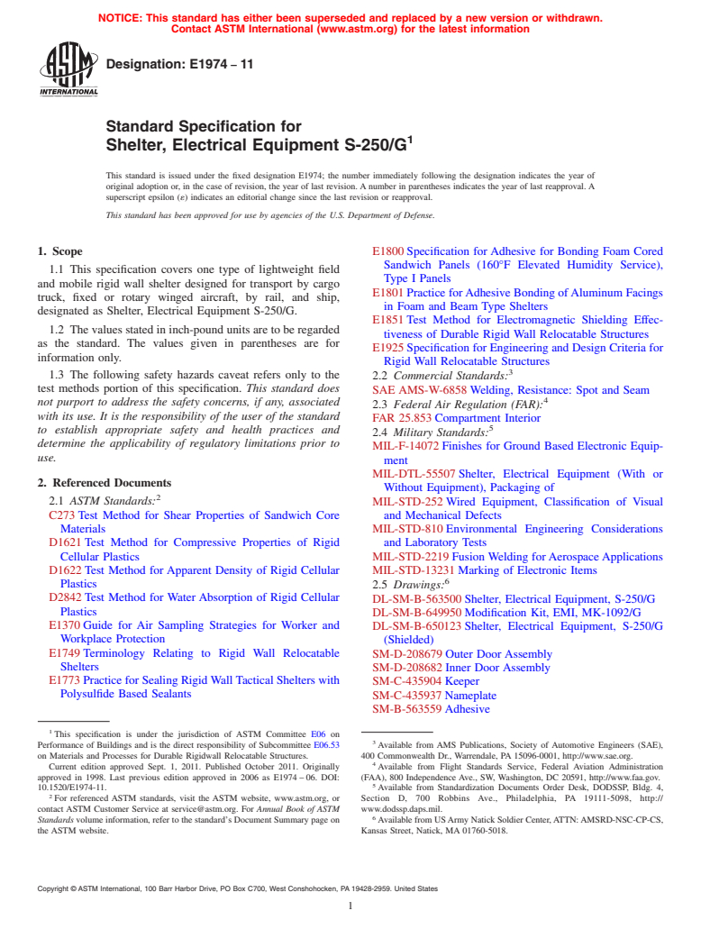 ASTM E1974-11 - Standard Specification for Shelter, Electrical Equipment S-250/G