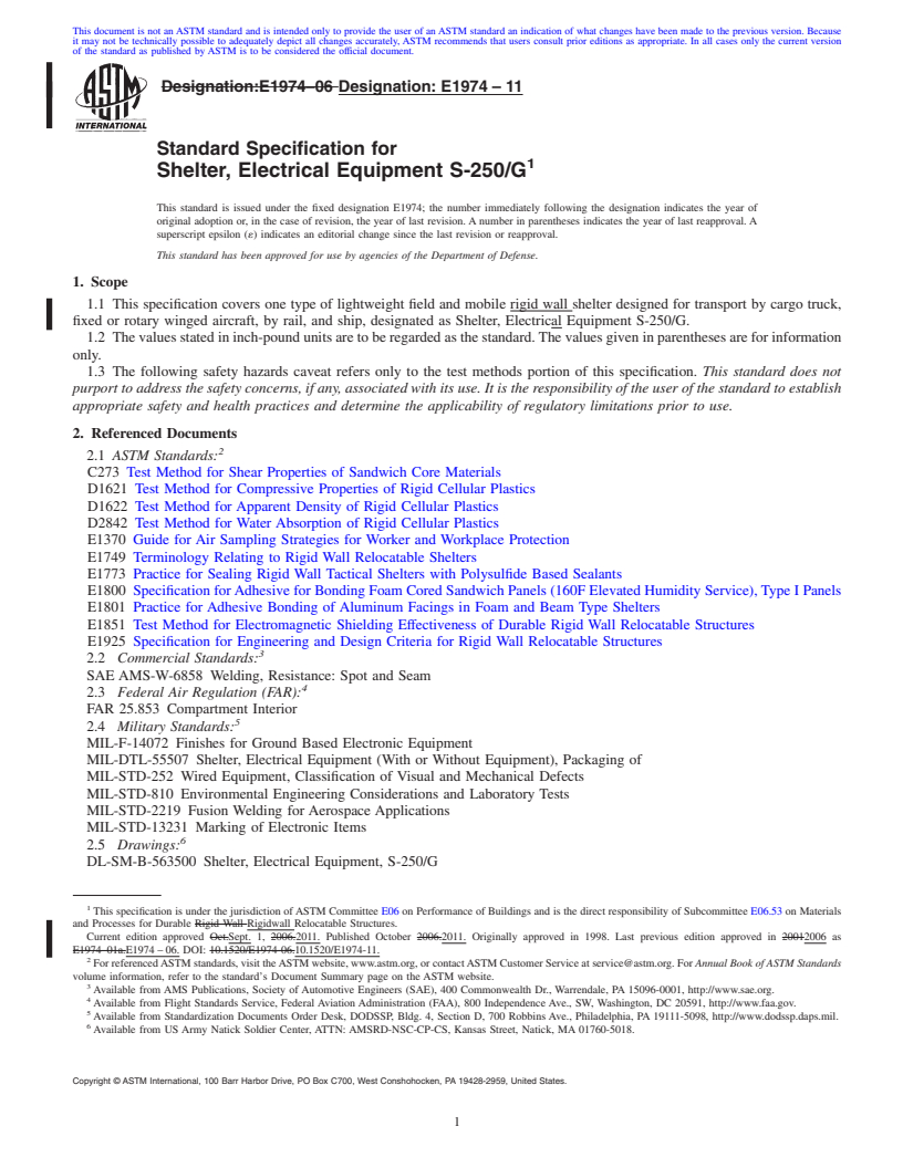 REDLINE ASTM E1974-11 - Standard Specification for Shelter, Electrical Equipment S-250/G