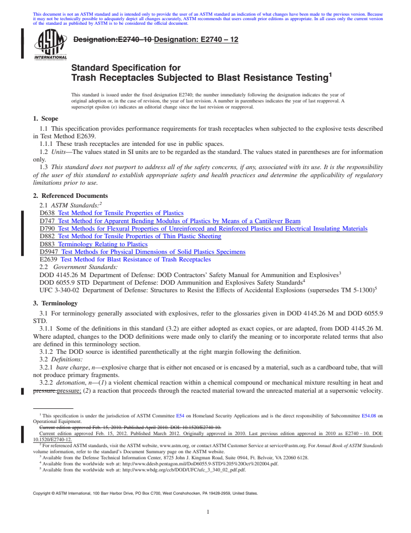 REDLINE ASTM E2740-12 - Standard Specification for Trash Receptacles Subjected to Blast Resistance Testing