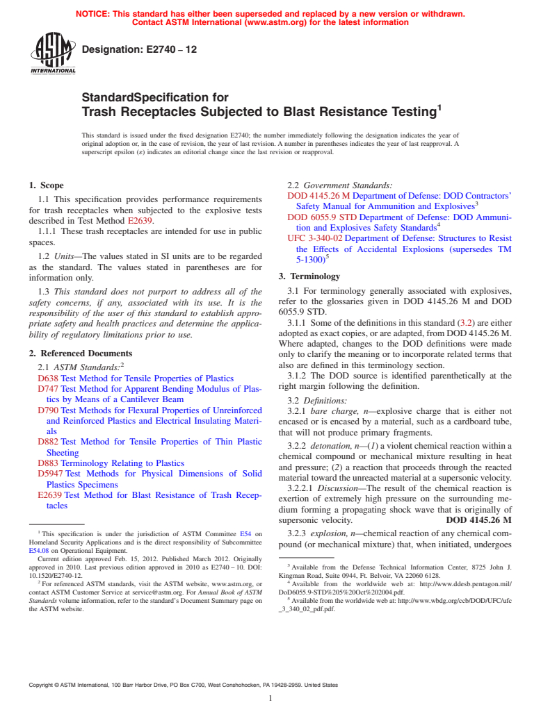 ASTM E2740-12 - Standard Specification for Trash Receptacles Subjected to Blast Resistance Testing