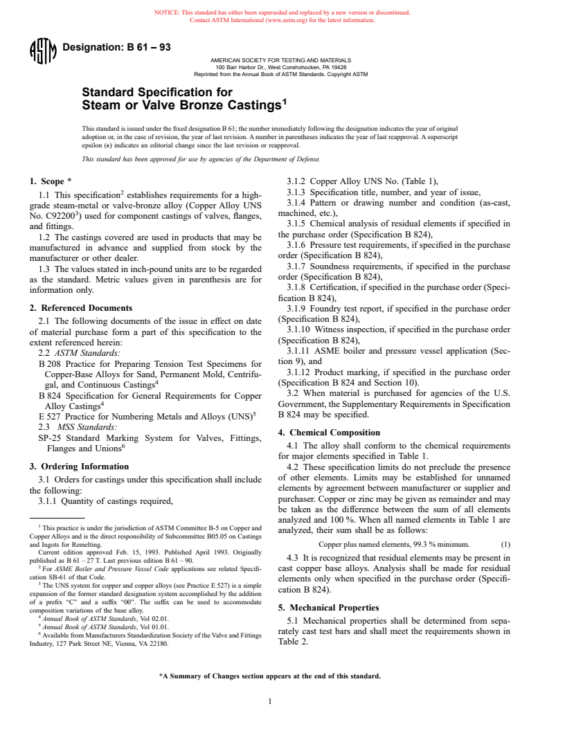 ASTM B61-93 - Standard Specification for Steam or Valve Bronze Castings (Withdrawn 2002)