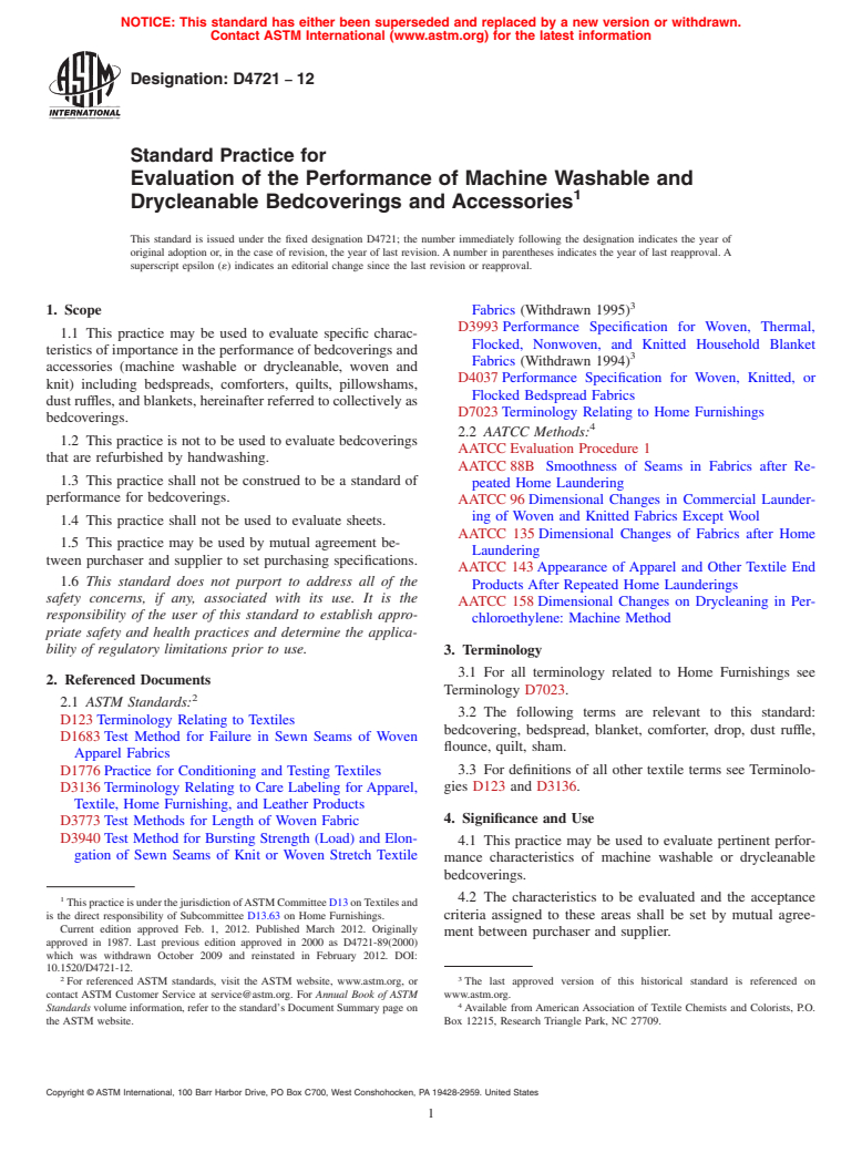 ASTM D4721-12 - Standard Practice for  Evaluation of the Performance of Machine Washable and Drycleanable Bedcoverings and Accessories