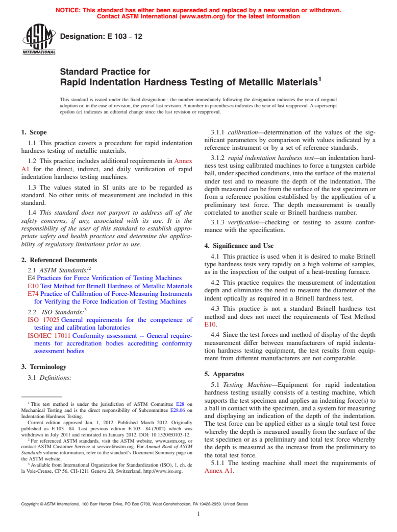 ASTM E103-12 - Standard Practice for  Rapid Indentation Hardness Testing of Metallic Materials