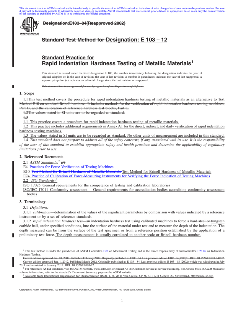 REDLINE ASTM E103-12 - Standard Practice for  Rapid Indentation Hardness Testing of Metallic Materials